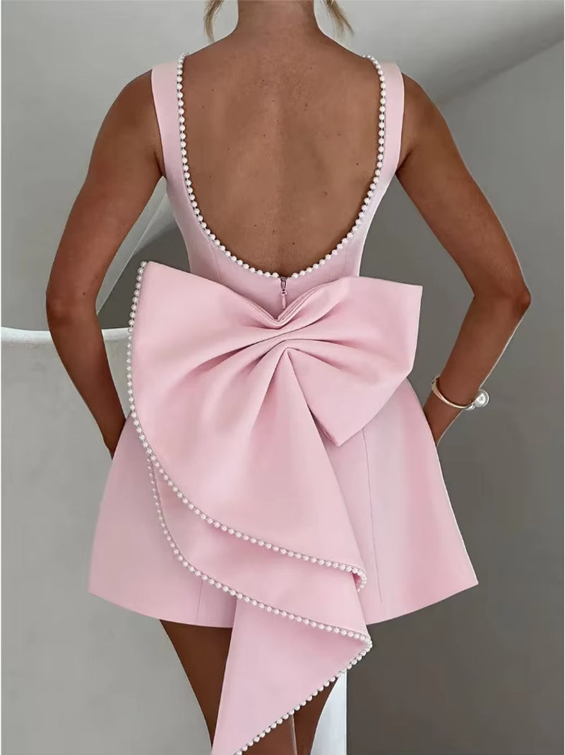 Pearl Bow Backless Sexy Mini Dress Womens Elegant Sleeveless A-Line Party Cute Short Dresses White Black Pink Birthday Evening