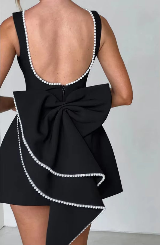 Pearl Bow Backless Sexy Mini Dress Womens Elegant Sleeveless A-Line Party Cute Short Dresses White Black Pink Birthday Evening