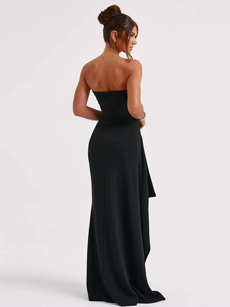 Sexy Strapless Backless High Split Maxi Dress for Women Black Off-Shoulder Sleeveless Bodycon Club Party Long Dress Clothes