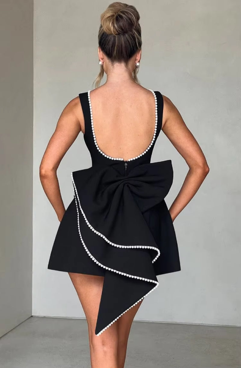 Pearl Bow Backless Sexy Mini Dress Womens Elegant Sleeveless A-Line Party Cute Short Dresses White Black Pink Birthday Evening