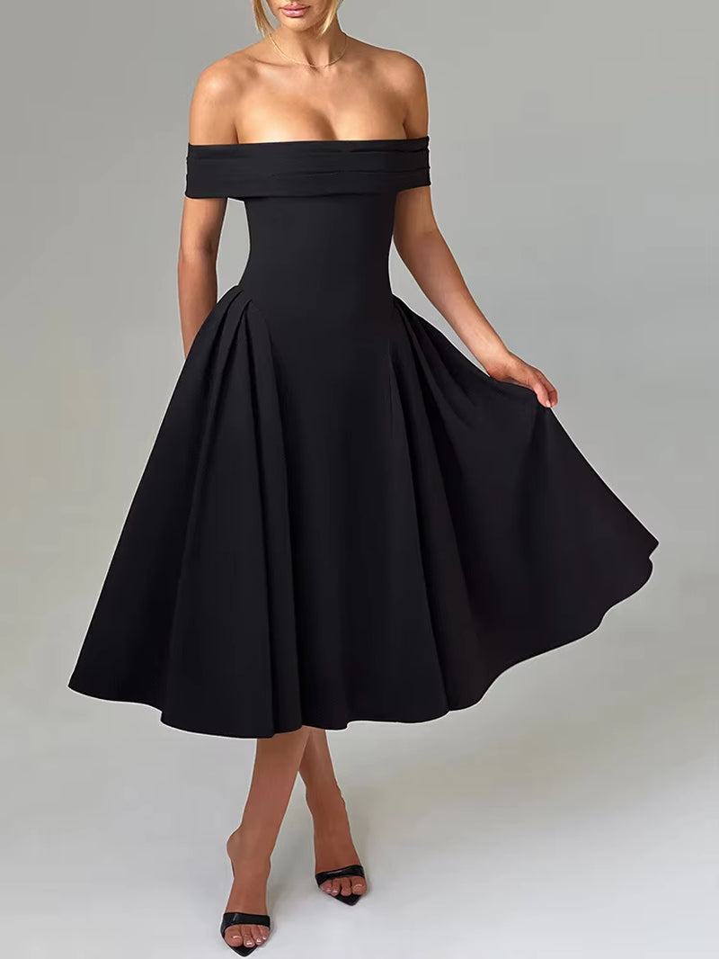 Off-Shoulder Backless Sexy Midi Dress for Women Fashion Solid Strapless Sleeveless A-Line Loose Pleated Long Dress