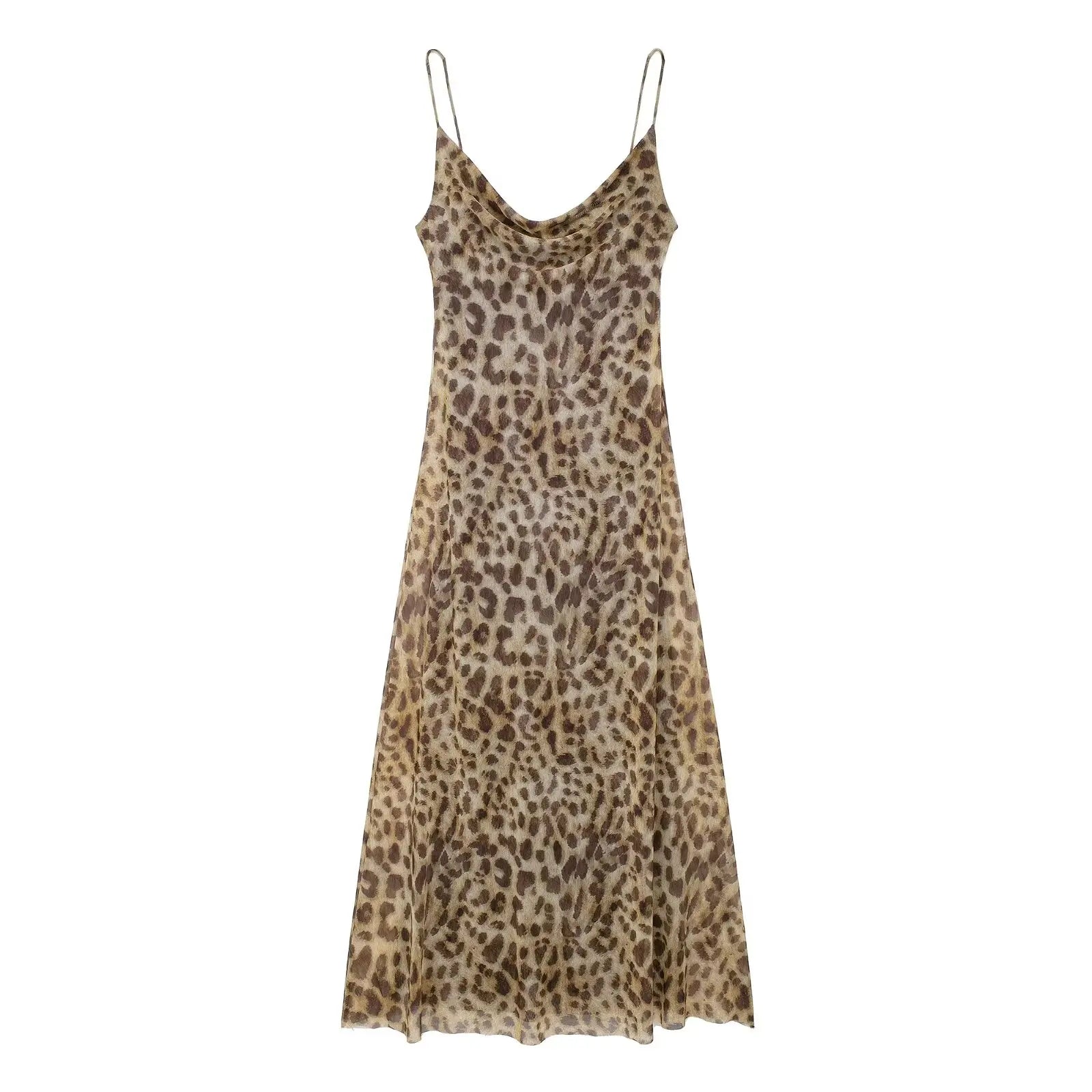 Summer Women'S Sexy Vintage Leopard Print Tulle Long Dress Fashion Backless Slip Dresses Female Elegant Slim Party Maxi Dress