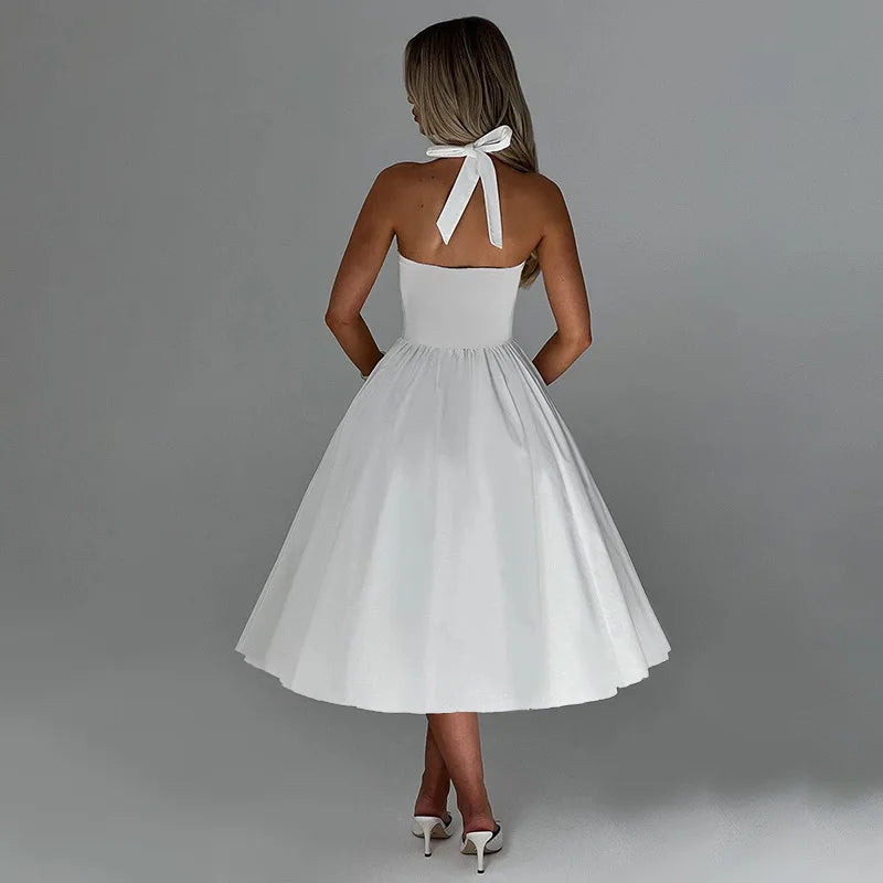 White A-Line Halter Backless Pleated Evening Party Dress Women Elegant Sexy Dress Bodycon Long Summer Dress Vestidos