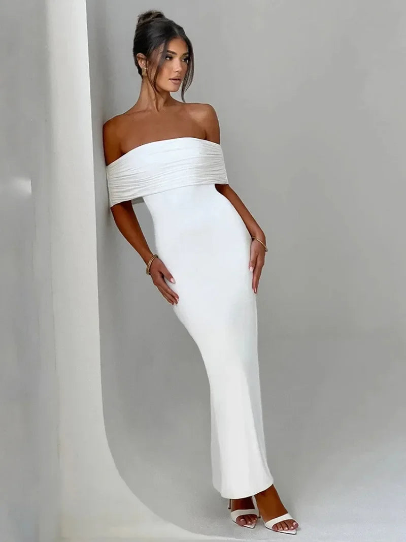 Elegant Slash Neck Backless Folds Solid Evening Dress 2024 Autumn Sexy Sleeveless Backless Bodycon White Party Long Dresses