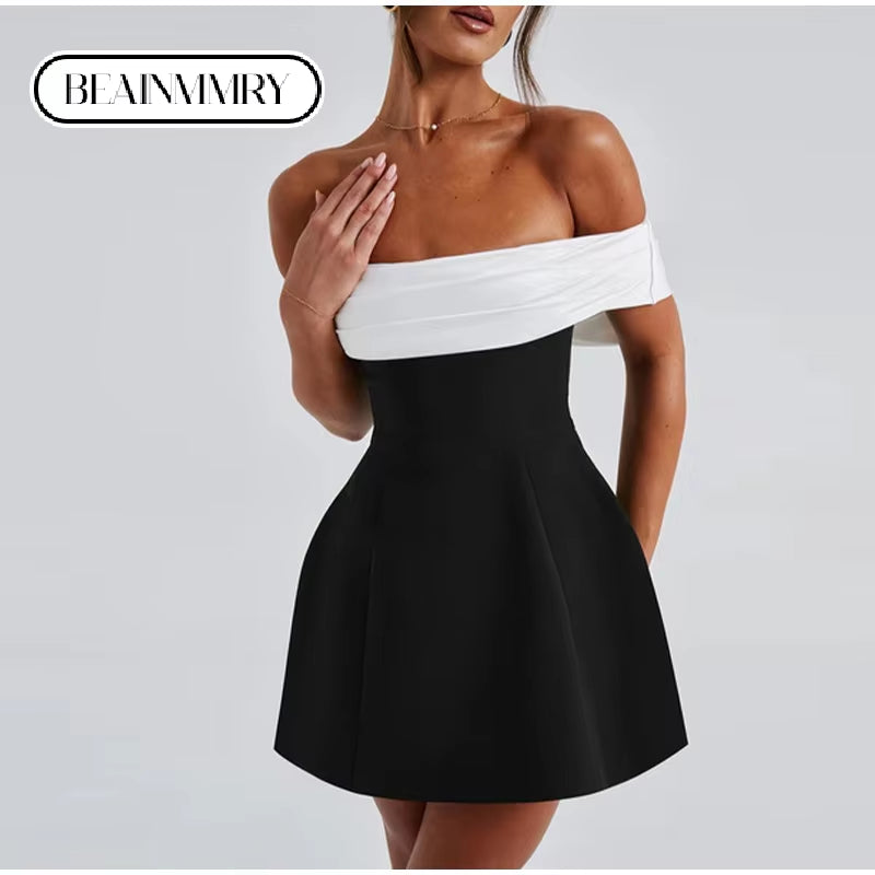 2025 Back Big Bow Decoration Mini Dress Fashion off Shoulder High Waist Sleeveless Backless Dresses Spring Summer New Party Gown