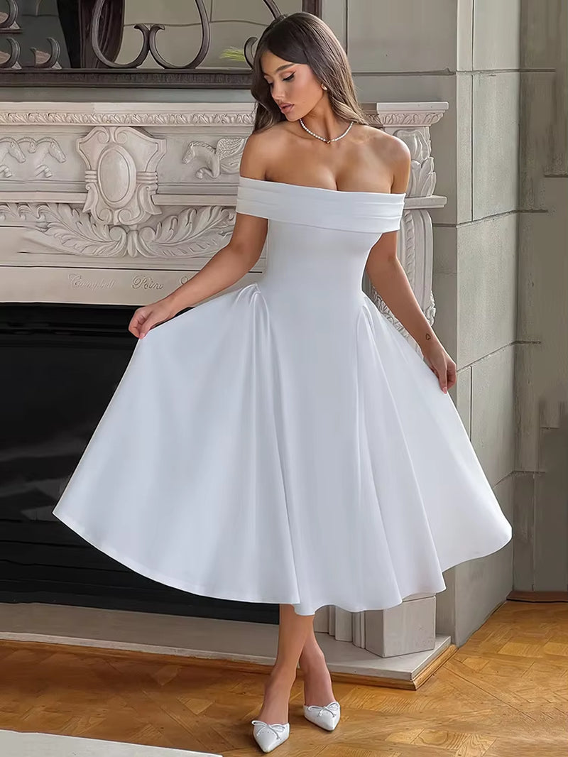 Off-Shoulder Backless Sexy Midi Dress for Women Fashion Solid Strapless Sleeveless A-Line Loose Pleated Long Dress