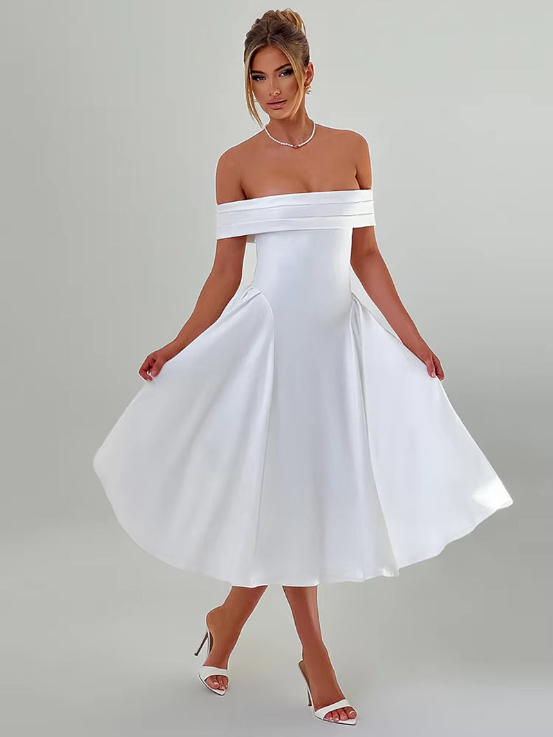 Off-Shoulder Backless Sexy Midi Dress for Women Fashion Solid Strapless Sleeveless A-Line Loose Pleated Long Dress