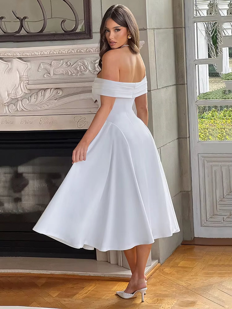 Off-Shoulder Backless Sexy Midi Dress for Women Fashion Solid Strapless Sleeveless A-Line Loose Pleated Long Dress